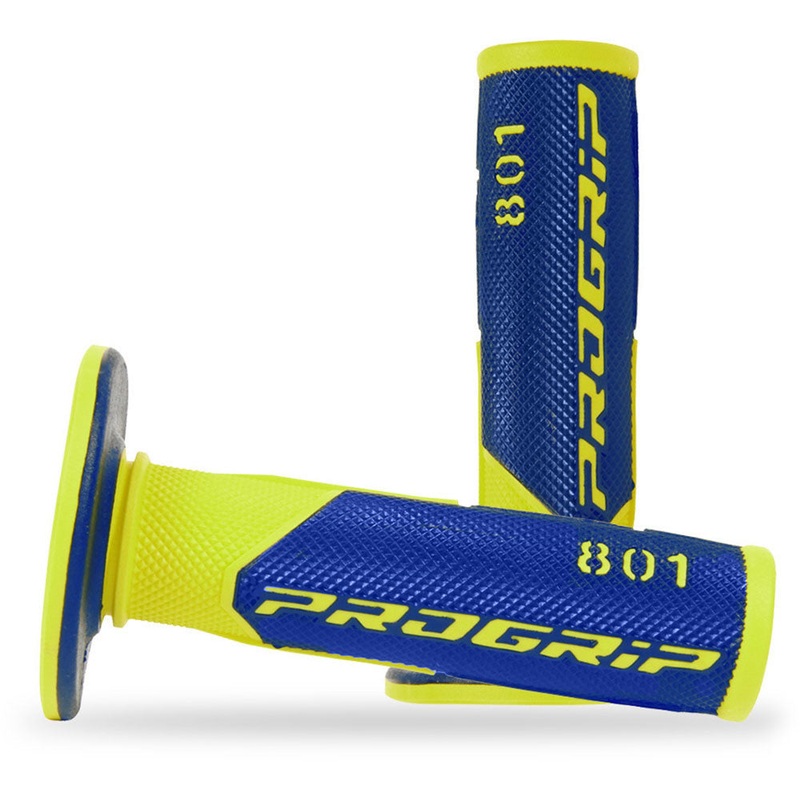 PROGRIP Double Density MX Grips – PG801 Blue/Fluro Yellow Double Density Grips 1/2 Waffle 115mm Progrip