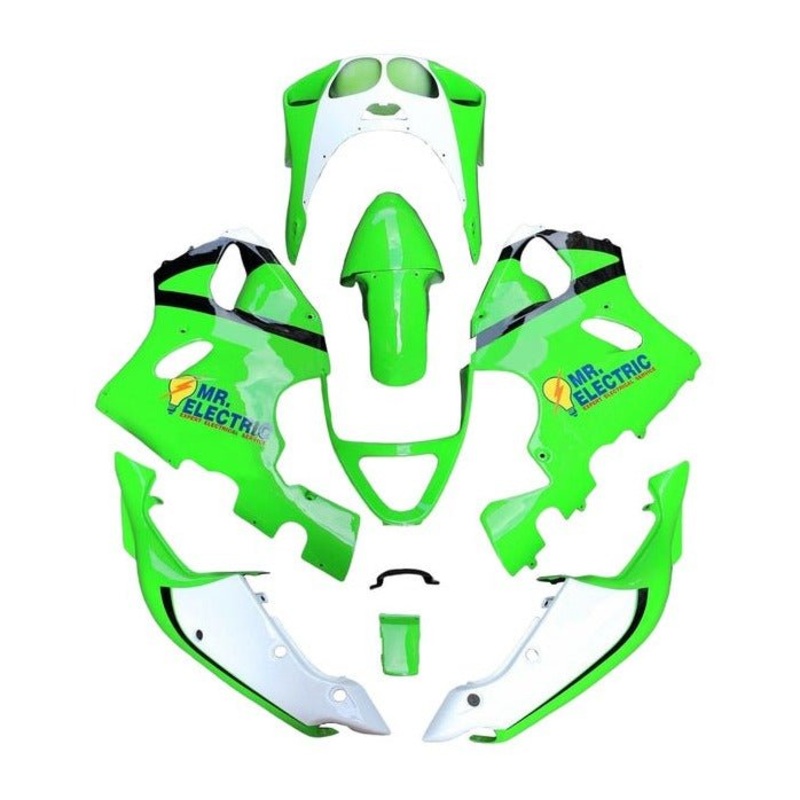Kawasaki ZX-7R Fairings (1996-2002) Green, White, Black Stripe Clear Windscreen: Free No Bolt Kit