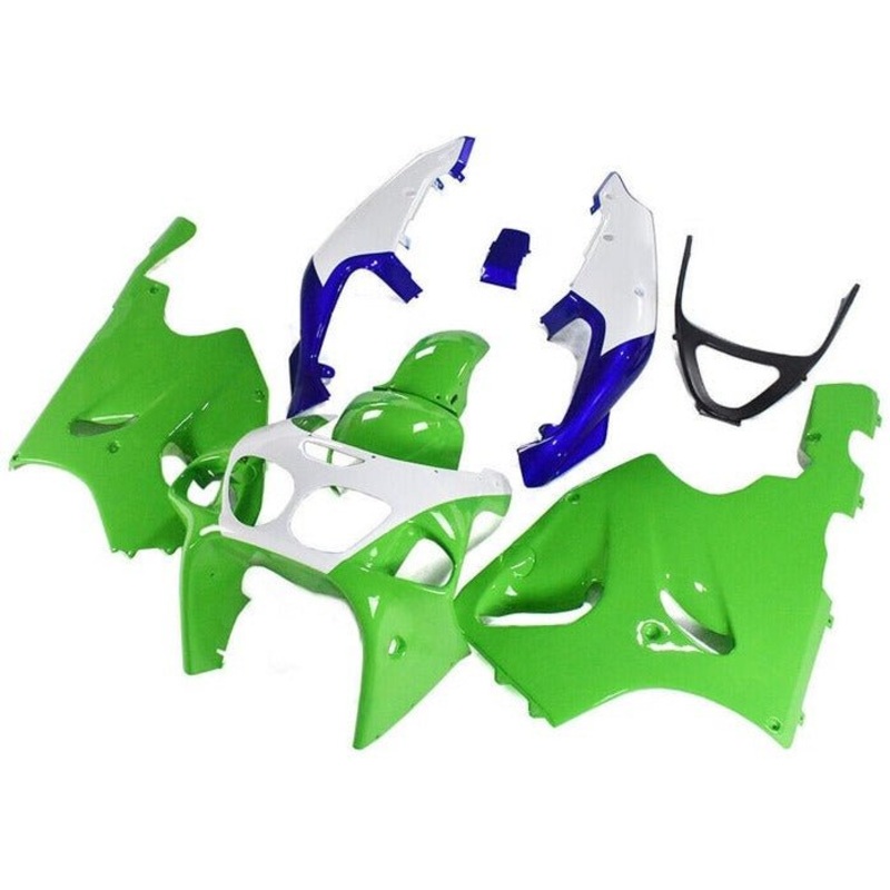 Kawasaki ZX-7R Fairings (1996-2002) Green, White, Blue Clear Windscreen: Free No Bolt Kit