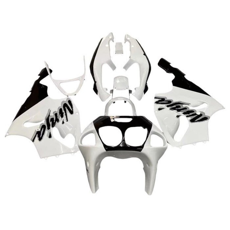 Kawasaki ZX-7R Fairings (1996-2002) White, Black Clear Windscreen: Free No Bolt Kit