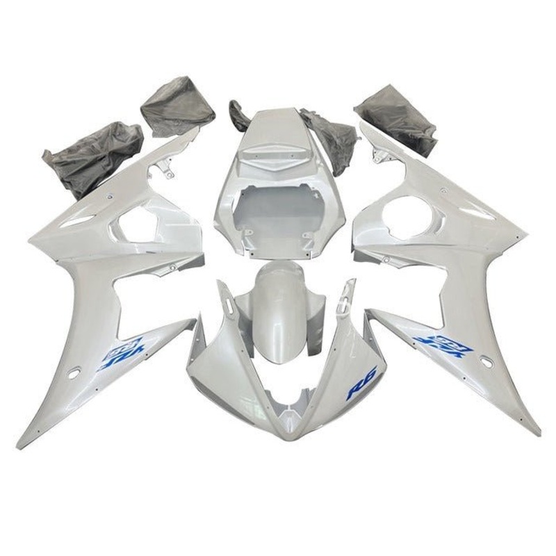 Yamaha YZF-R6 (2003-2004) All White, Blue Fairings Clear Windscreen: Free No Seat Cowl No Bolt Kit