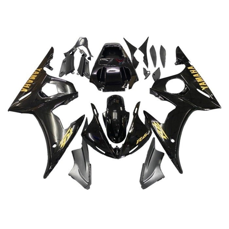 Yamaha YZF-R6 (2003-2004) Black Gloss, Gold Fairings Clear Windscreen: Free No Seat Cowl No Bolt Kit