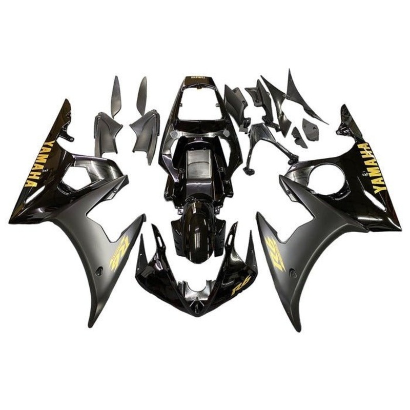 Yamaha YZF-R6 (2003-2004) Black, Matte Black, Gold Fairings Clear Windscreen: Free No Seat Cowl No Bolt Kit