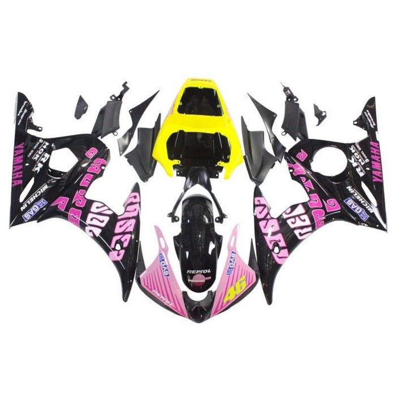 Yamaha YZF-R6 (2003-2004) Black, Pink, Yellow, Rossi Fairings Clear Windscreen: Free No Seat Cowl No Bolt Kit