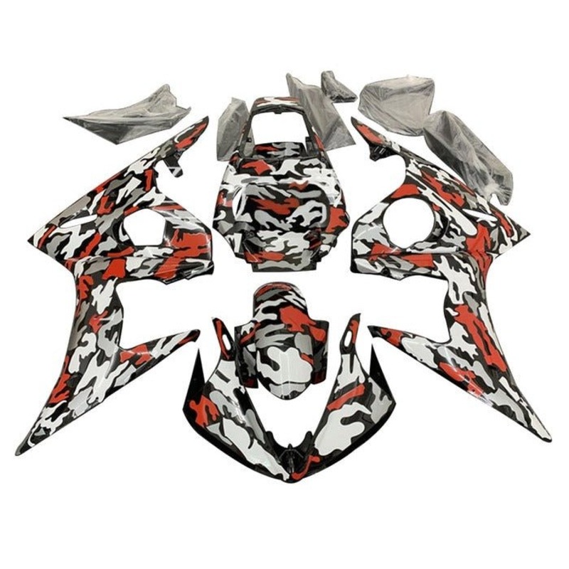 Yamaha YZF-R6 (2003-2004) Black, Red, Gray Camouflage Fairings Clear Windscreen: Free No Seat Cowl No Bolt Kit