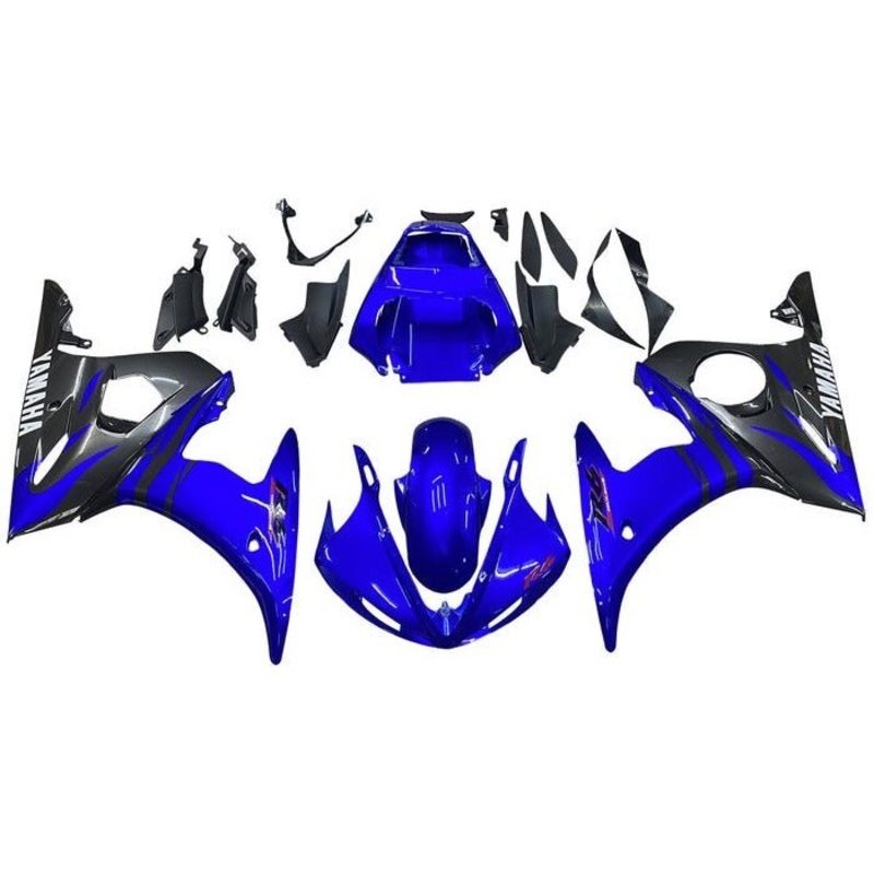 Yamaha YZF-R6 (2003-2004) Blue, Black Flames Fairings Clear Windscreen: Free No Seat Cowl No Bolt Kit