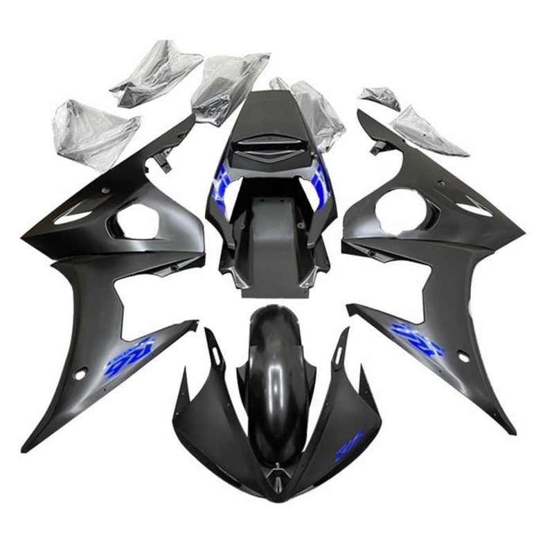 Yamaha YZF-R6 (2003-2004) Matte Black, Blue Fairings Clear Windscreen: Free No Seat Cowl No Bolt Kit