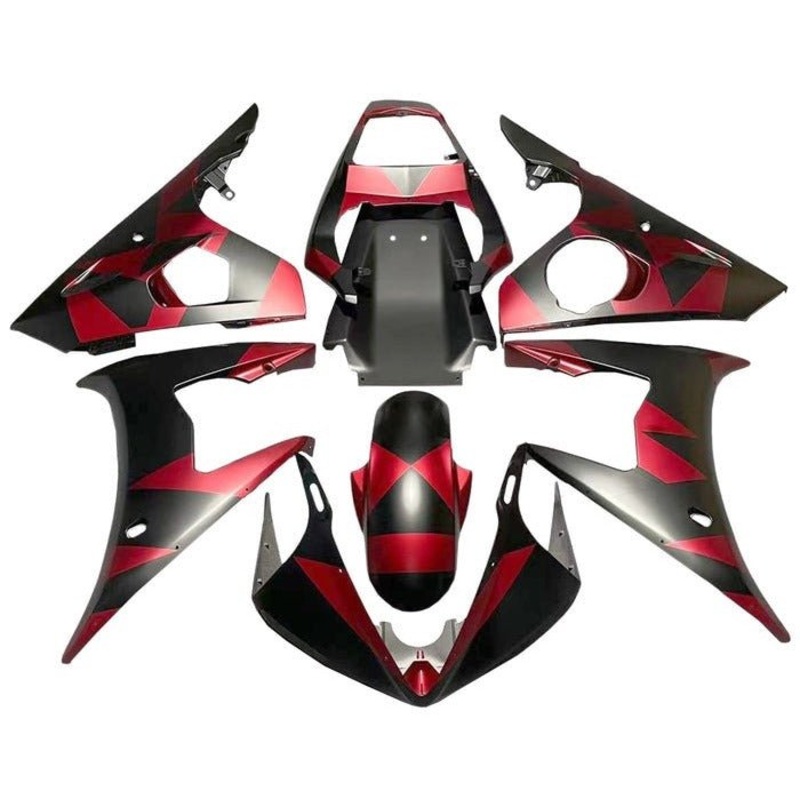 Yamaha YZF-R6 (2003-2004) Matte Black, Matte Red Geometric Fairings Clear Windscreen: Free No Seat Cowl No Bolt Kit
