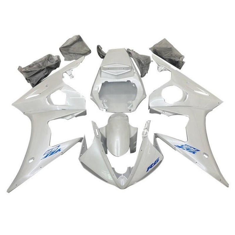 Yamaha YZF-R6 (2003-2004) Pearl White, Blue Fairings Clear Windscreen: Free No Seat Cowl No Bolt Kit