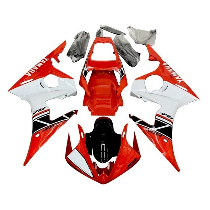 Yamaha YZF-R6 (2003-2004) Red, White, Black Stripe Fairings Clear Windscreen: Free No Seat Cowl No Bolt Kit