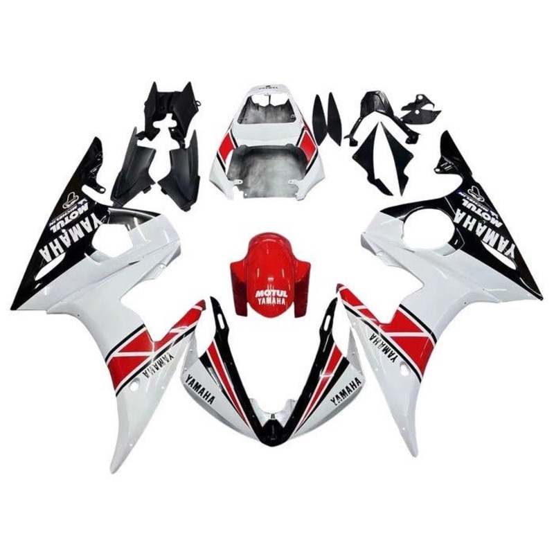 Yamaha YZF-R6 (2003-2004) White, Black, Red Stripe Fairings Clear Windscreen: Free No Seat Cowl No Bolt Kit
