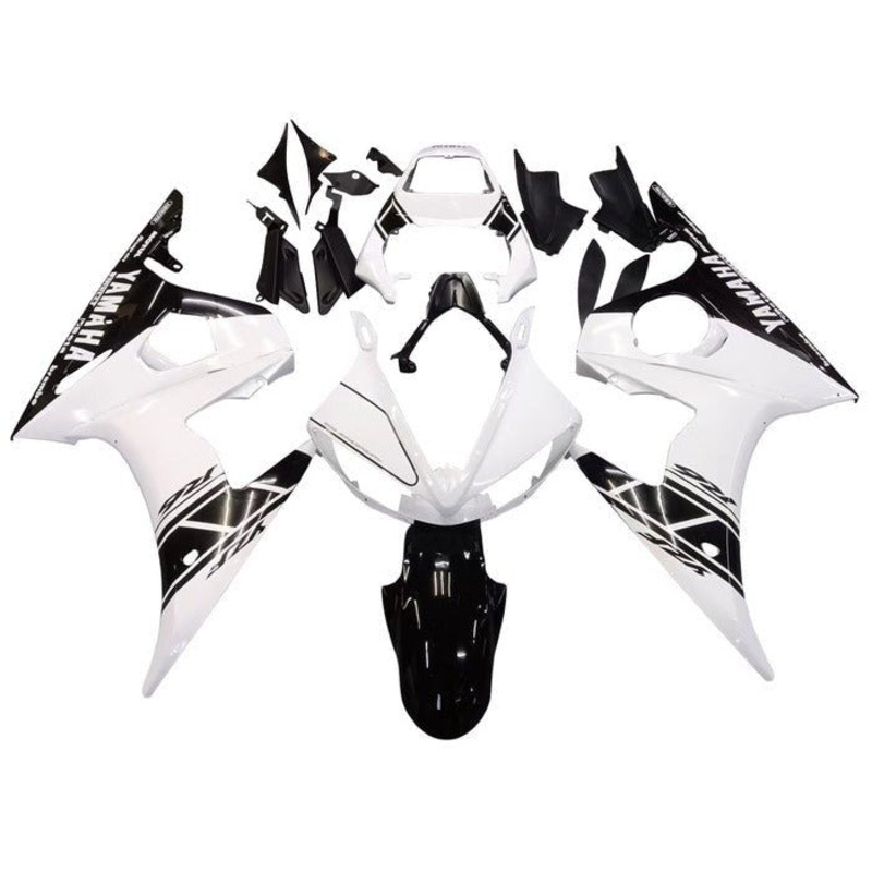 Yamaha YZF-R6 (2003-2004) White, Black Stripe Fairings Clear Windscreen: Free No Seat Cowl No Bolt Kit