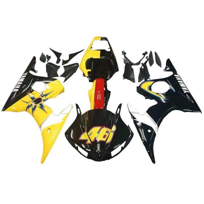 Yamaha YZF-R6 (2003-2004) Yellow, Black, Sun, Moon Fairings Clear Windscreen: Free No Seat Cowl No Bolt Kit