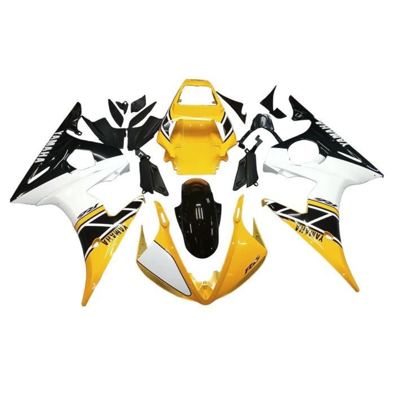 Yamaha YZF-R6 (2003-2004) Yellow, Black, White Stripe Fairings Clear Windscreen: Free No Seat Cowl No Bolt Kit