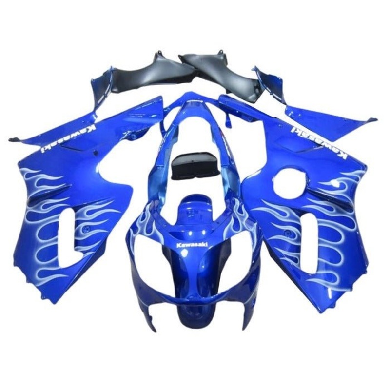 Fairing kit for a Kawasaki Ninja ZX12R (2000-2001) Blue, White Flames No Seat Cowl No Bolt Kit No Tank