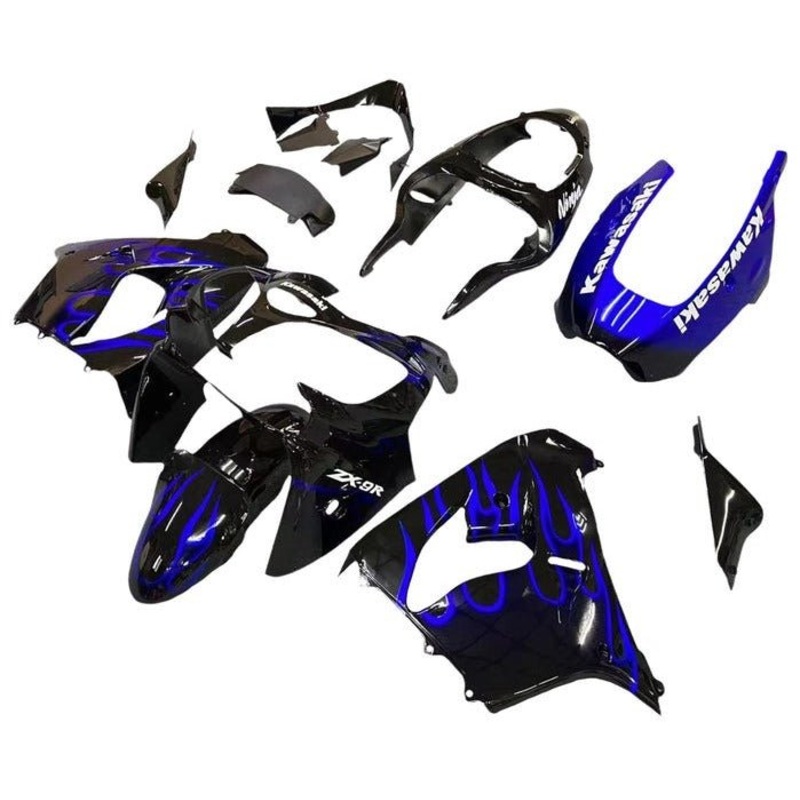 Fairing Kit for a Kawasaki ZX-9R (2000-2001) Black, Blue, White, Flames CLEAR WINDSCREEN: FREE NO SEAT COWL NO BOLT KIT
