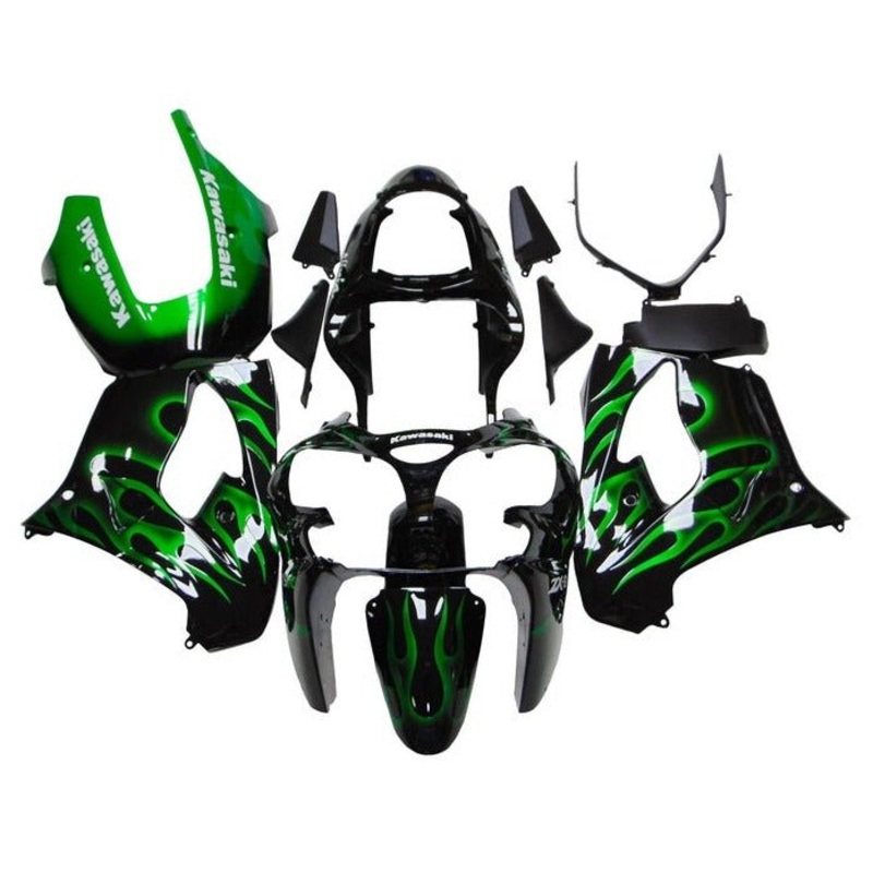 Fairing Kit for a Kawasaki ZX-9R (2000-2001) Black, Green, White, Flames CLEAR WINDSCREEN: FREE NO SEAT COWL NO BOLT KIT