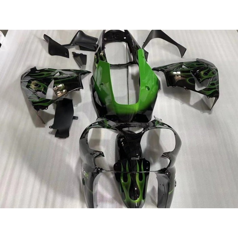 Fairing Kit for a Kawasaki ZX-9R (2002-2003) Black, Green Flames CLEAR WINDSCREEN: FREE NO SEAT COWL NO BOLT KIT