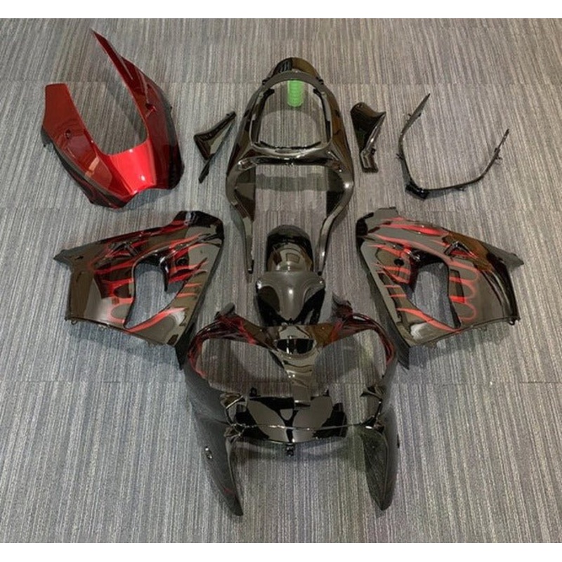 Fairing Kit for a Kawasaki ZX-9R (2002-2003) Black, Red Flames CLEAR WINDSCREEN: FREE NO SEAT COWL NO BOLT KIT
