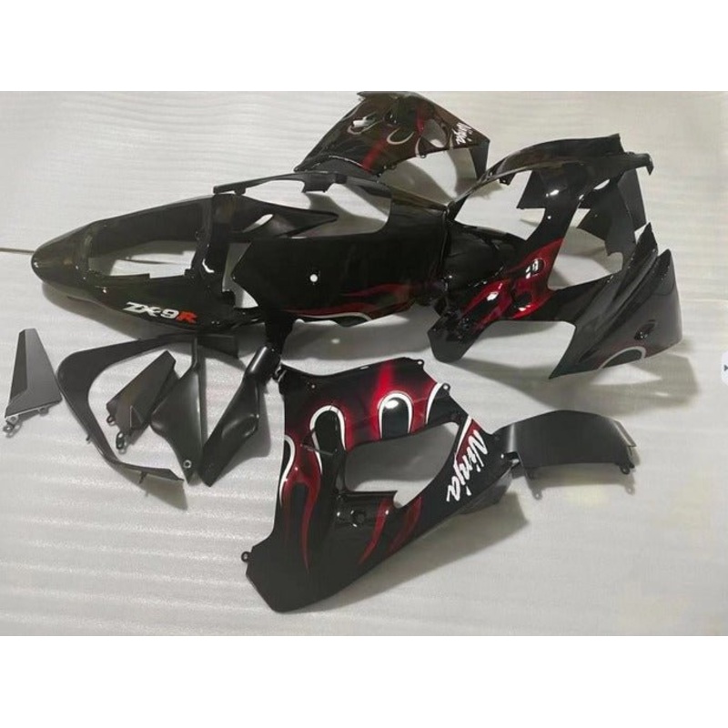 Fairing Kit for a Kawasaki ZX-9R (2002-2003) Black, White, Dark Red Flames CLEAR WINDSCREEN: FREE NO SEAT COWL NO BOLT KIT