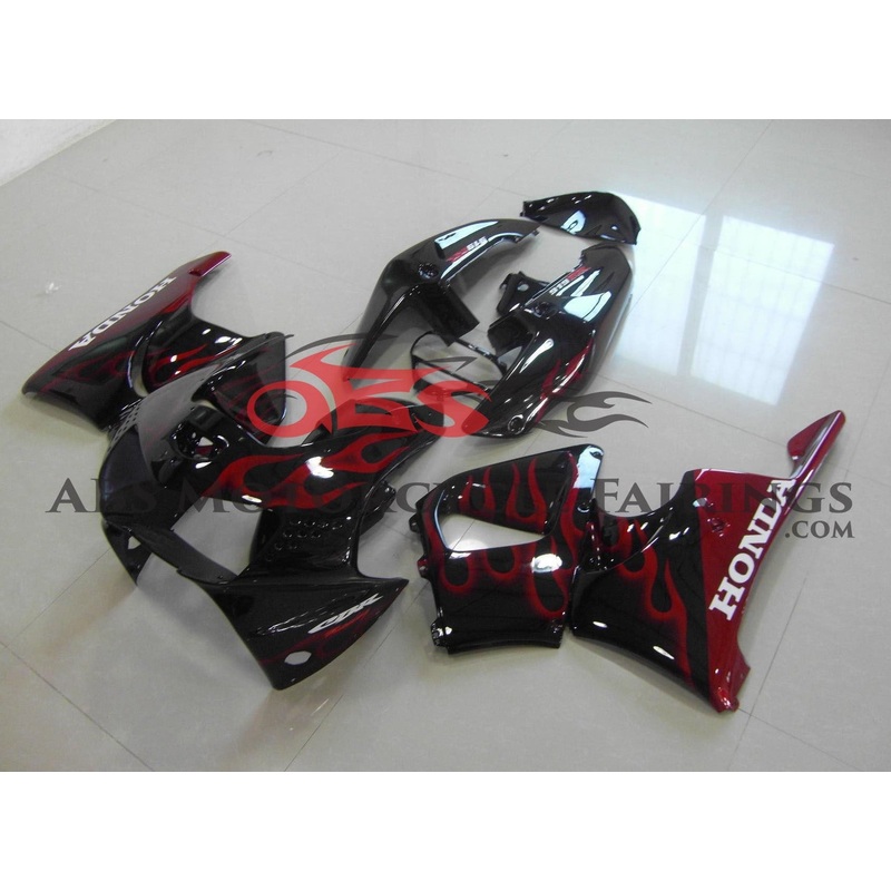 Honda CBR900RR Fairings (1998-1999) Black, Dark Red Flames Free Clear Windscreen No Bolt Kit