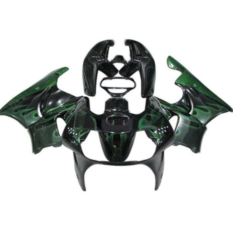 Honda CBR900RR Fairings (1998-1999) Black, Green Flames Free Clear Windscreen No Bolt Kit