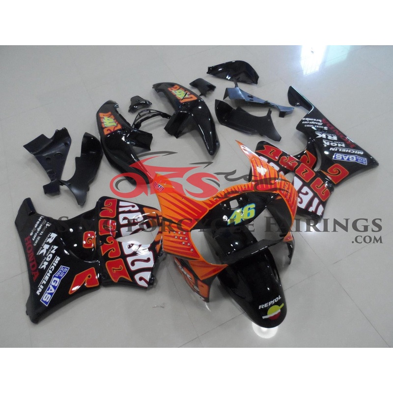 Honda CBR900RR Fairings (1998-1999) Black, Orange Rossi Free Clear Windscreen No Bolt Kit