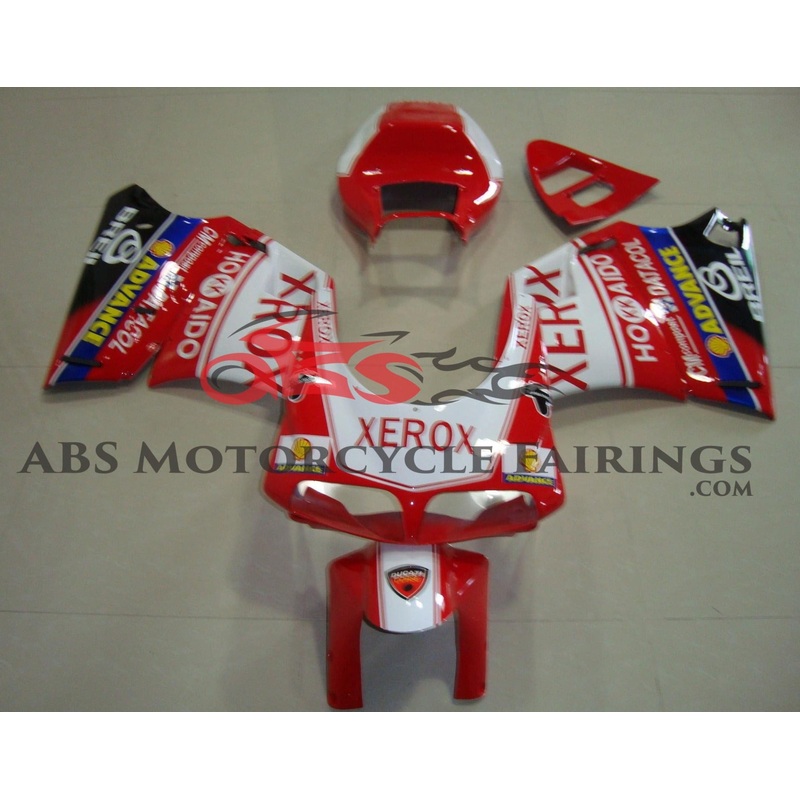 Ducati 748 (1994-2003) Red & White XEROX Fairings Clear Windscreen: Free No Bolt Kit
