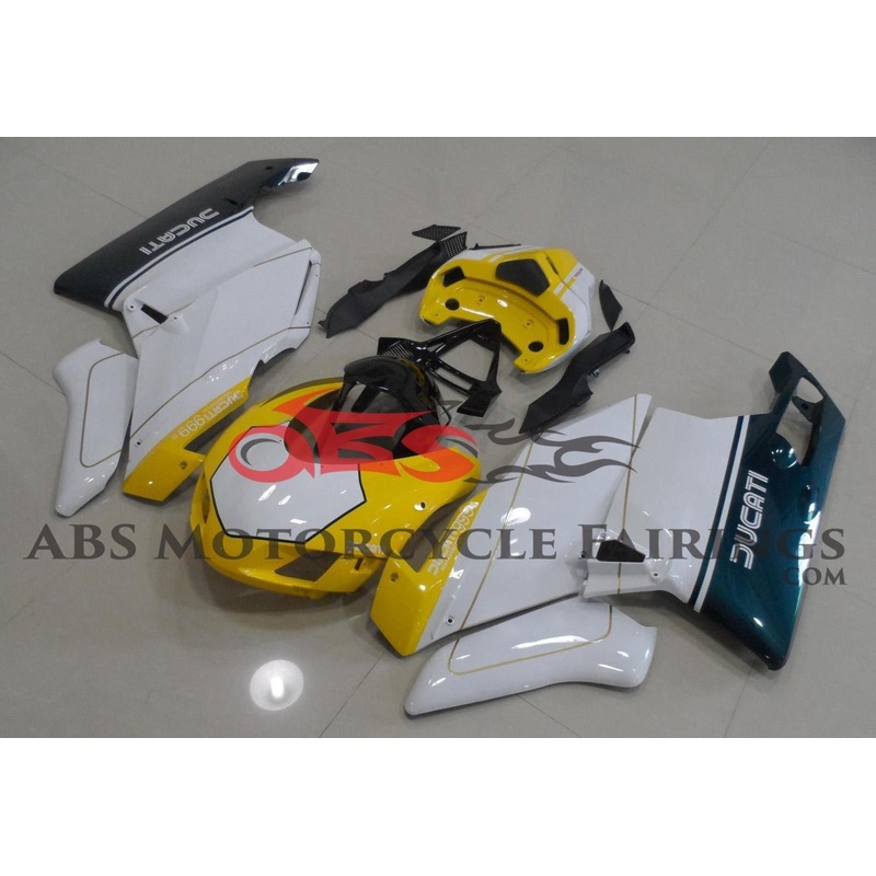 Ducati 749 (2003-2004) Yellow, White & Green Race Fairings Clear Windscreen: Free No Seat Cowl No Bolt Kit