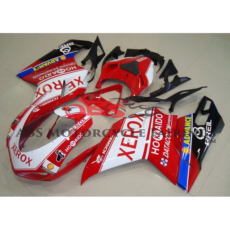 Ducati 848 (2007-2014) Red & White Xerox Hokkaido Fairings Clear Windscreen: Free No Seat Cowl No Bolt Kit