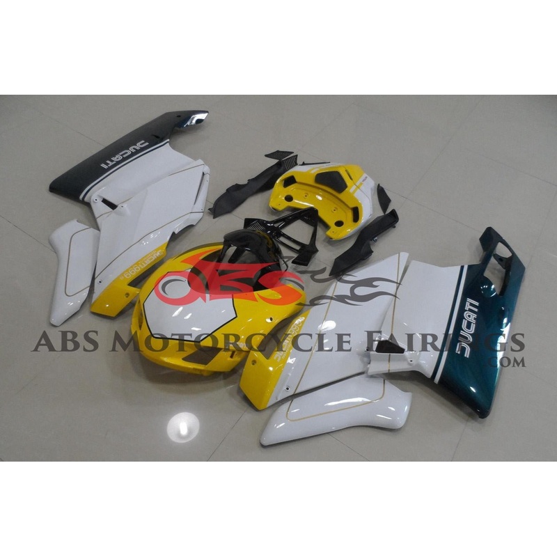 Ducati 999 (2003-2004) Yellow, White & Green Race Fairings Clear Windscreen: Free No Seat Cowl No Bolt Kit