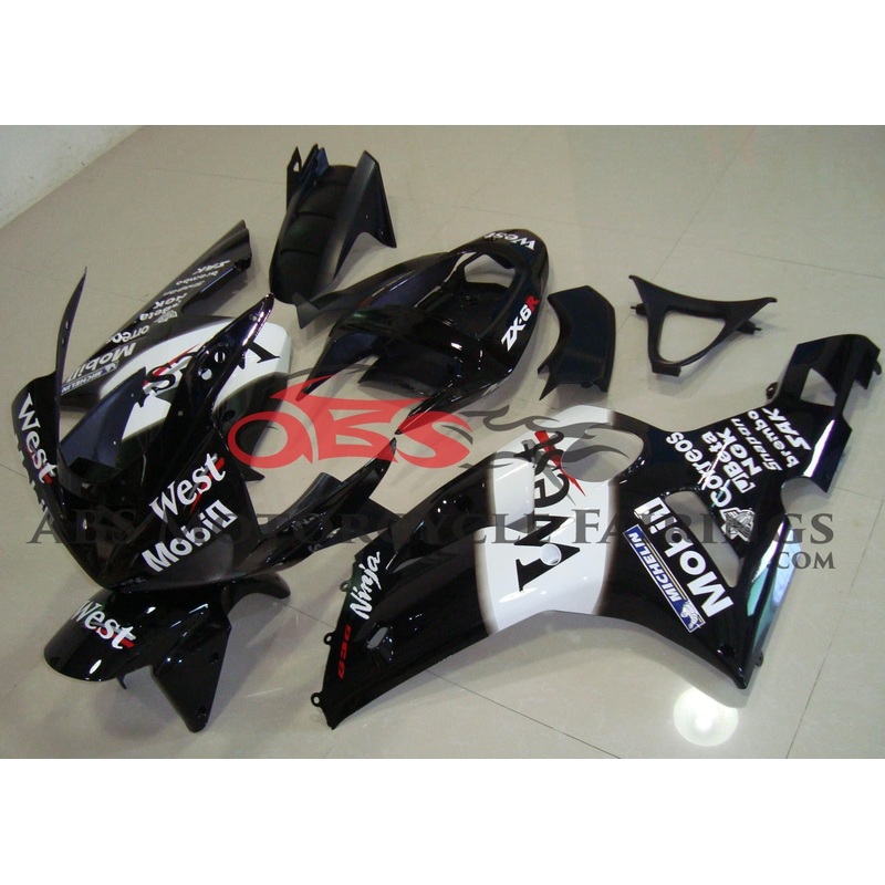 Fairing kit for a Kawasaki ZX6R 636 (2003-2004) Black & White West Clear Windscreen: Free No Seat Cowl No Bolt Kit