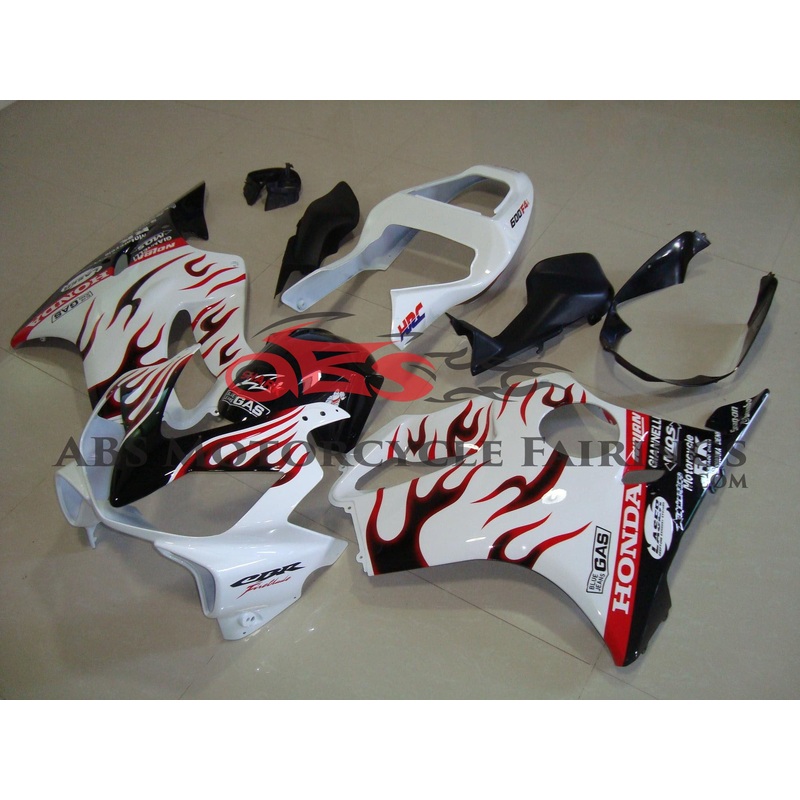 Honda CBR600F4i (2001-2003) White with Black & Red Flame Fairings Clear Windscreen: Free No Bolt Kit No Tank