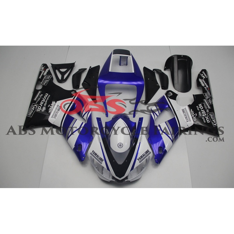 Yamaha YZF-R1 (1998-1999) Blue, White & Black Yamalube Fairings Clear Windscreen: Free No Seat Cowl No Bolt Kit