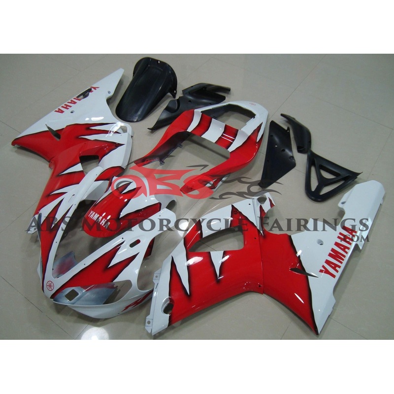 Yamaha YZF-R1 (2000-2001) White & Red Tribal Fairings Clear Windscreen: Free No Seat Cowl No Bolt Kit