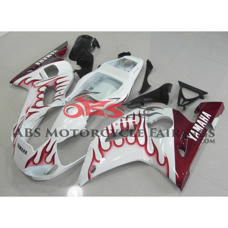 Yamaha YZF-R6 (1998-2002) White & Dark Red Flame Fairings Clear Windscreen: Free No Bolt Kit