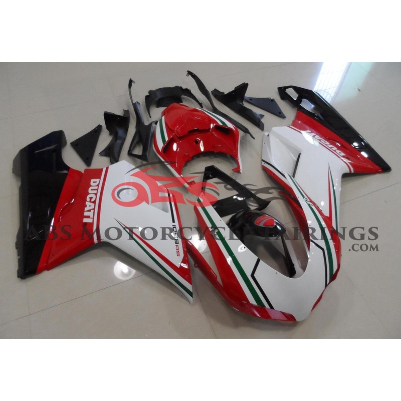 Ducati 1098 (2007-2012) White, Red & Green Tricolor Fairings Clear Windscreen: Free No Seat Cowl No Bolt Kit
