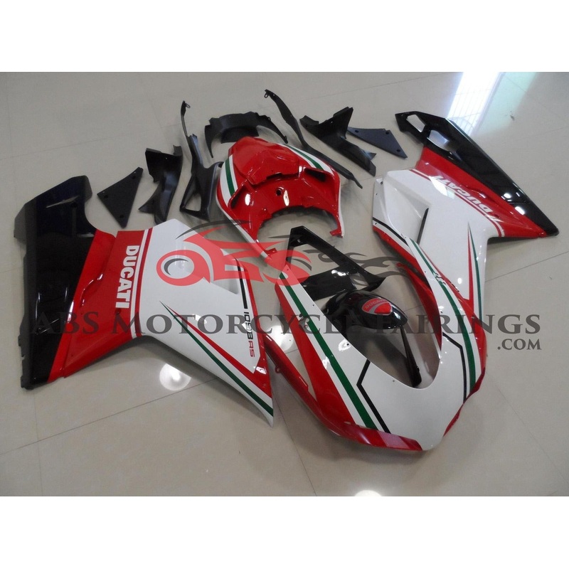 Ducati 1198 (2007-2012) White, Red & Green Tricolor Fairings Clear Windscreen: Free No Seat Cowl No Bolt Kit