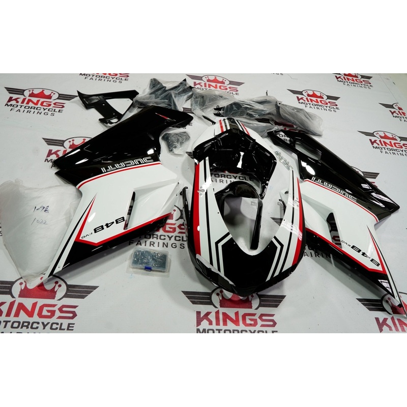 Ducati 848 (2007-2014) Black, White & Red Tricolor Fairings Clear Windscreen: Free No Seat Cowl No Bolt Kit