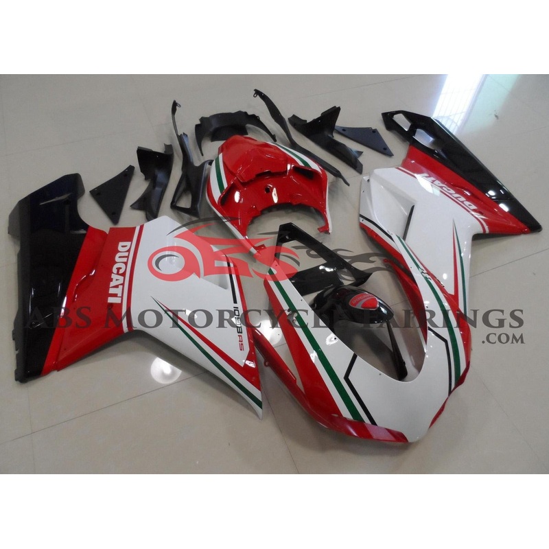 Ducati 848 (2007-2014) White, Red & Green Tricolor Fairings Clear Windscreen: Free No Seat Cowl No Bolt Kit