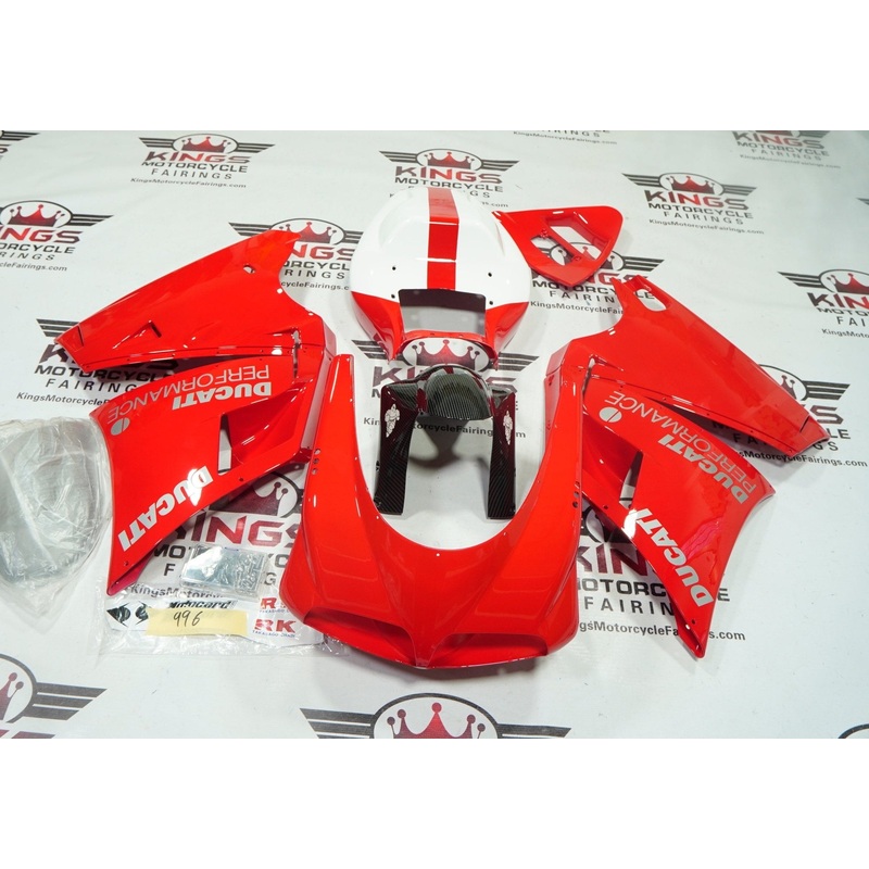 Ducati 996 (1998-2002) Red, White, Faux Carbon Fiber Fairings Clear Windscreen: Free No Bolt Kit