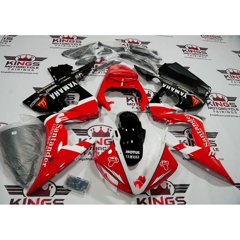 Yamaha YZF-R6 (2003-2004) Red, Black, White Santander Fairings Clear Windscreen: Free No Seat Cowl No Bolt Kit