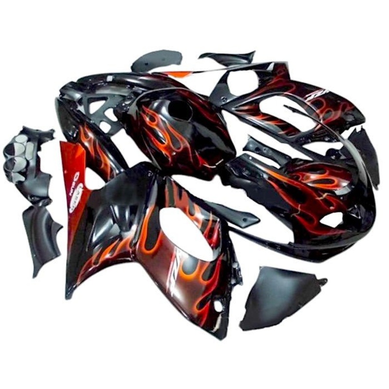 YAMAHA YZF600R (1998-2007) Black, Candy Red Flames Fairings Clear Windscreen: Free No Bolt Kit No Tank Cover