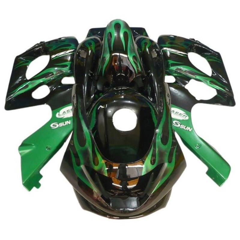 YAMAHA YZF600R (1998-2007) Black Gloss, Green Flame Fairings Clear Windscreen: Free No Bolt Kit No Tank Cover