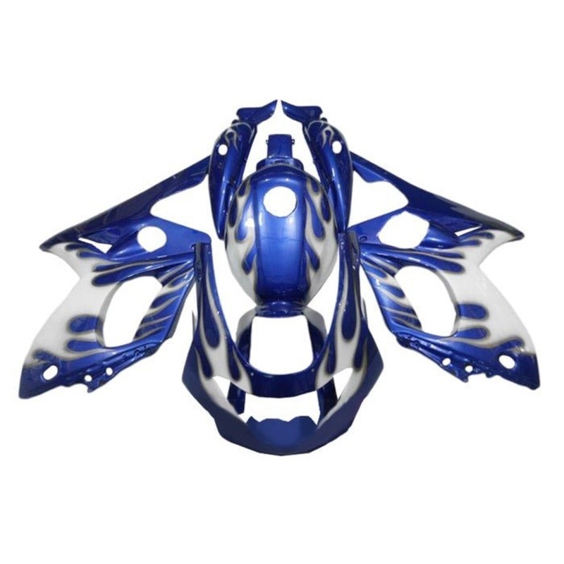 YAMAHA YZF600R (1998-2007) Blue, White Flames Fairings Clear Windscreen: Free No Bolt Kit No Tank Cover
