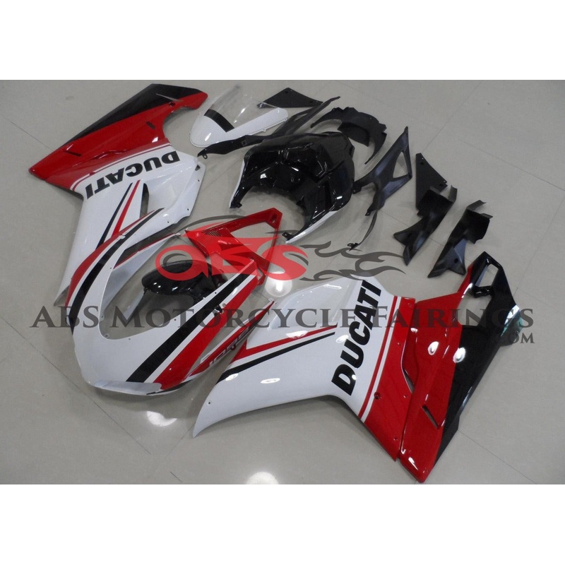 Ducati 1098 (2007-2012) White, Red & Black Tricolor Fairings Clear Windscreen: Free No Seat Cowl No Bolt Kit