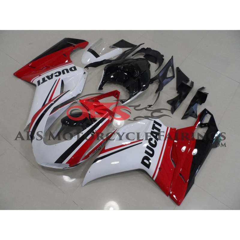 Ducati 1198 (2007-2012) White, Red & Black Tricolor Fairings Clear Windscreen: Free No Seat Cowl No Bolt Kit