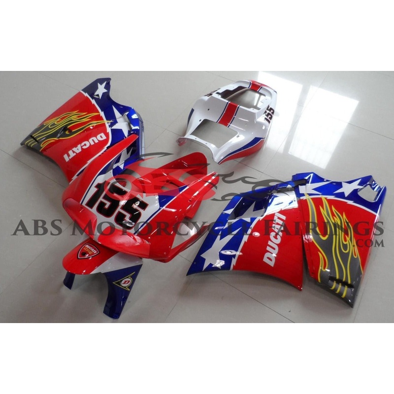 Ducati 748 (1994-2003) Red, White, Blue Star Fairings Clear Windscreen: Free No Bolt Kit