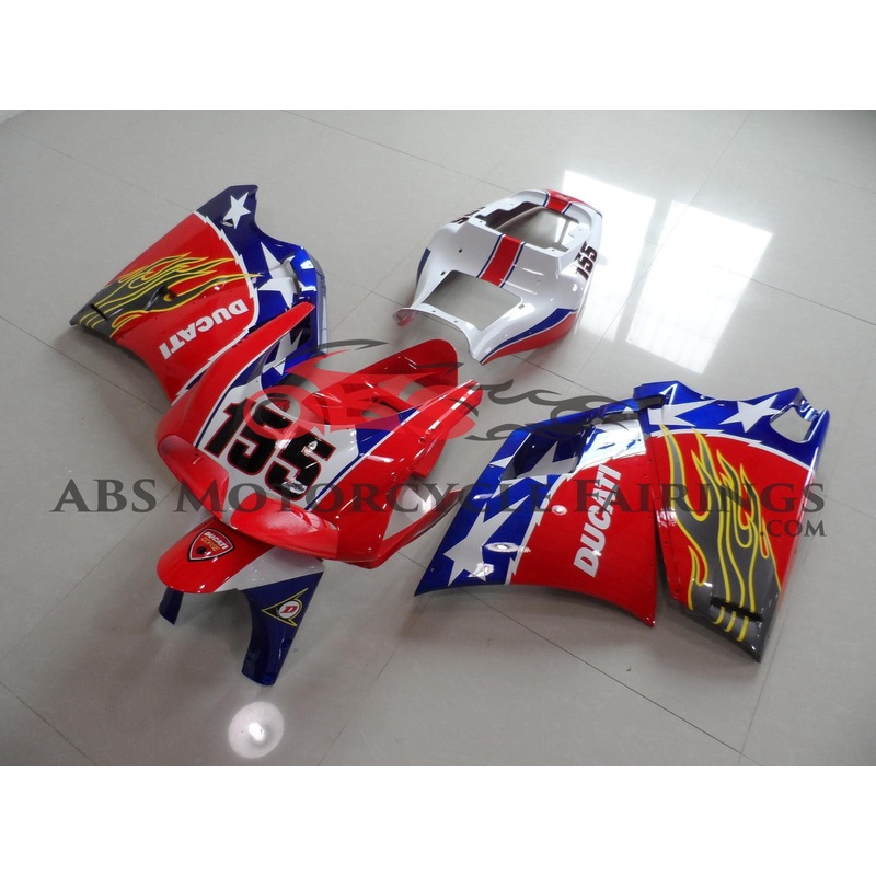 Ducati 996 (1998-2002) Red, White & Blue Star Fairings Clear Windscreen: Free No Bolt Kit