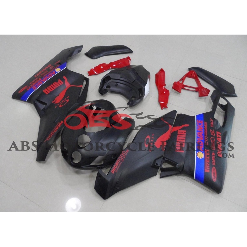 Ducati 999 (2005-2006) Matte Black & Red Puma Fairings Clear Windscreen: Free No Seat Cowl No Bolt Kit